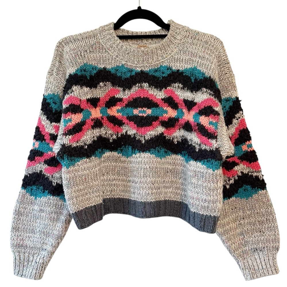 Free People I Heart You Wool Blend Cropped Aztec Print Sweater Grey Size Small
